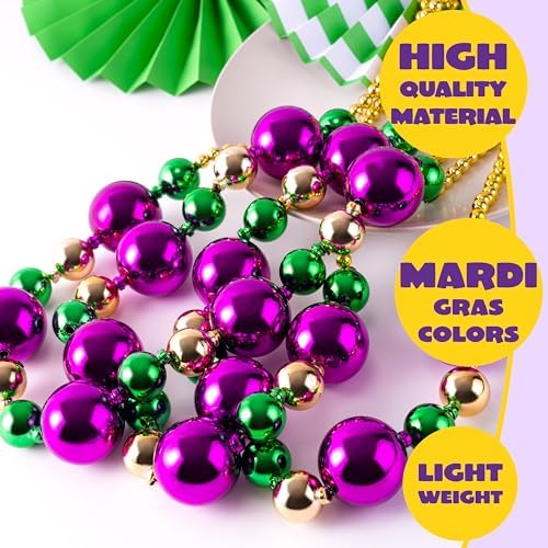 JOYIN 3 Pcs Mardi Gras Jumbo Bead Necklaces, 44'' Gold Green Purple Necklaces Beads for Mardi Gras Parade Decorations Party Favors Supplies, Costume Outfit Accessories