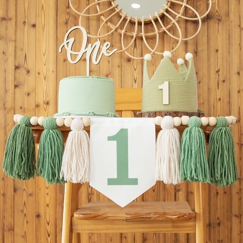 Wild One High Chair Banner For 1st Birthday Party Boy Decorations With Green Tassel Garland Crown Hat Cake Topper
