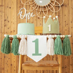 Wild One High Chair Banner For 1st Birthday Party Boy Decorations With Green Tassel Garland Crown Hat Cake Topper