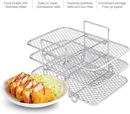 Air Fryer Rack for Ninja Dual Air Fryer Stainless Steel Air Fryer Accessories Three Layer Dehydrator Rack Stackable Grill Rack Air Fryer Racks for Ninja Foodi DZ201/DZ401(7.5x4.5x5.1inch)