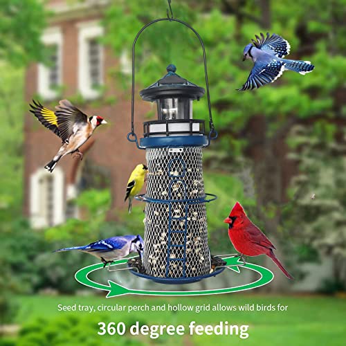 wtreew Solar Lighthouse Bird Feeder with Rotating Beacon - 14" Hanging Mesh Wild Bird Feeders for Eaves, Balcony, Trees, Hooks, Best Bird Feeder Gifts for Bird Lovers,Women,Kids,Elderly(Space Blue)