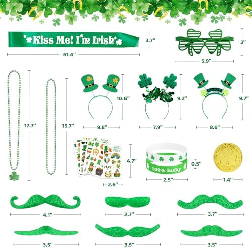 180Pcs St. Patrick's Day Accessories Party Favor Set, Tattoo Stickers, Necklaces, Bracelets, Shamrock Glasses, Headbands, Mustaches, Coins and Kiss Me I'm Irish Sash for Irish Party Supplies