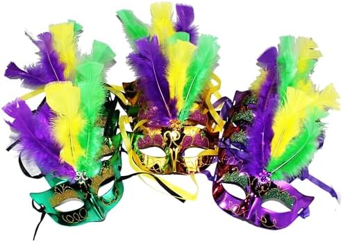 JOYIN 12 Pcs Mardi Gras Feather Masks, Carnival Masquerade Masks Bulk, Mardi Gras Costume Dress Up Accessories for Women, Men & Kids Outfit