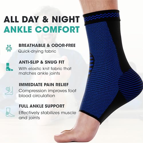 Modvel Ankle Brace for Women & Men - 1 Pair of Ankle Support Sleeve & Ankle Wrap - Compression Ankle Brace for Sprained Ankle, Achilles Tendonitis, Plantar Fasciitis, Injured Foot - Large, Blue/Black