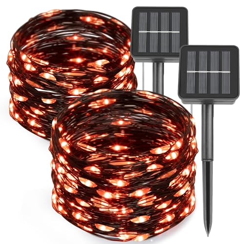 kemooie 2 Pack 100 LED Orange Solar Halloween Lights, 8 Twinkle Modes Waterproof Upgraded Solar Powered Fairy Lights, for Outdoor Garden Patio Christmas Halloween Decorations (Orange)