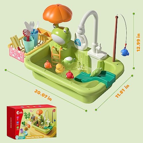 CUTE STONE Play Sink with Running Water, Kitchen Sink Toys with Upgraded Electric Faucet, Play Kitchen Toy Accessories, Pool Floating Fishing Toys for Water Play, Kids Role Play Dishwasher Toy