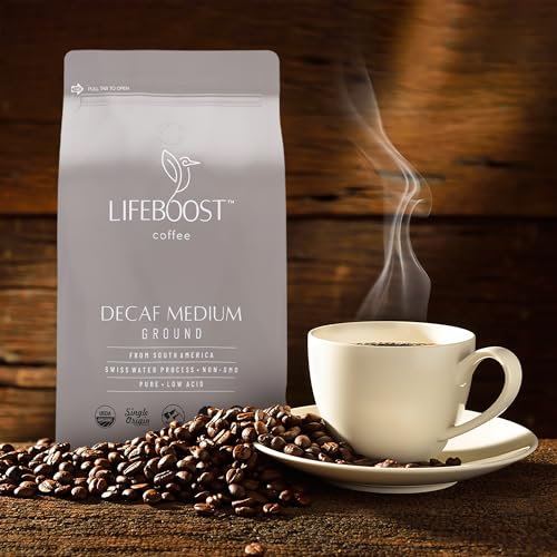 Lifeboost Coffee Medium Roast Swiss Water Decaf Coffee Ground - Low Acid Single Origin USDA Decaf Organic Coffee - Non-GMO Coffee Third Party Tested For Mycotoxins & Pesticides - 12 Ounces
