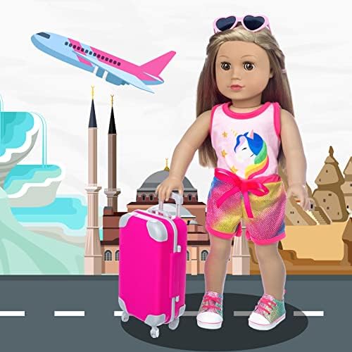 23 Pcs American 18 inch Doll Clothes and Accessories - Suitcase Luggage, Pillow, Sunglasses, Camera, Passport, Mobile Phone, Computer Doll Travel Gear Play Set