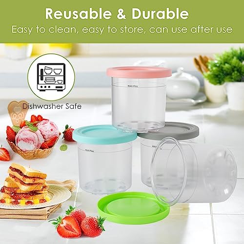 4 Pack Ice Cream Pint Containers, Replacement for Ninja Creami Pints and Lids, Compatible with NC299AMZ & NC300s Series Creami Ice Cream Makers, BPA Free, Dishwasher Safe, Grey/Pink/Green/Lake Blue