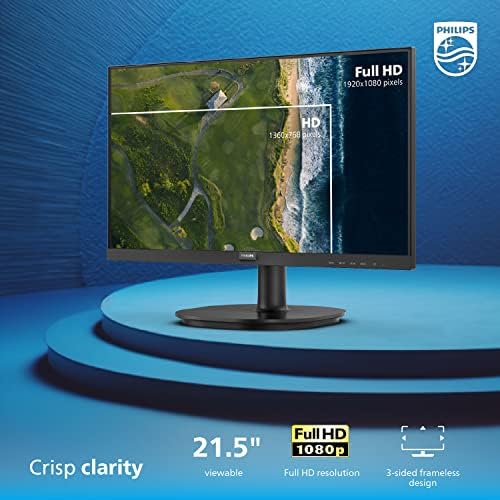 Philips 22 inch Class Thin Full HD (1920 x 1080) 75Hz Monitor, VESA, HDMI & VGA Port, 4 Year Advance Replacement Warranty, 221V8LN