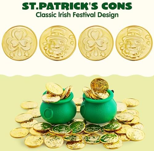 JOYIN 120 Pcs St. Patrick’s Day Gold Coins, Plastic Gold Coins Bulk with Shamrock, Leprechaun, Cauldron & Hat Patterns, St Patricks Accessories Games Gifts Decorations, Party Favors & Party Supplies