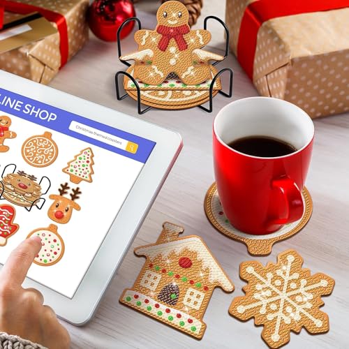 8 Pcs Christmas Gingerbread Man Diamond Coasters Kits with Holder DIY Diamond Art Coaster Non Slip Coaster for Adults Diamond Kits Supplies for Xmas Holiday Present