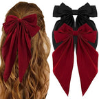 Hair Bow Clip, 2 Pcs Silky Satin Hair Bows for Women Hair Ribbons Oversized Long Tail Black Hair Bow and Red Hair Bow Hair Barrettes, Metal Clips Bowknot Hair Accessories, Christmas Gifts
