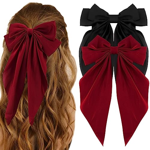 Hair Bow Clip, 2 Pcs Silky Satin Hair Bows for Women Hair Ribbons Oversized Long Tail Black Hair Bow and Red Hair Bow Hair Barrettes, Metal Clips Bowknot Hair Accessories, Christmas Gifts