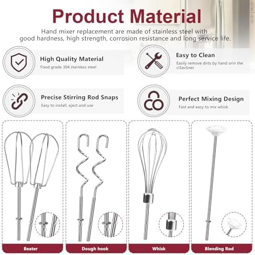 Hand Mixer Attachments Beater, Whisk, Blending Rod and Dough Hooks, Stainless Steel Hand Mixer Accessories Compatible with Kitchenaid Hand Mixers KHM3 KHM5 KHM7 KHM9, Set of 6