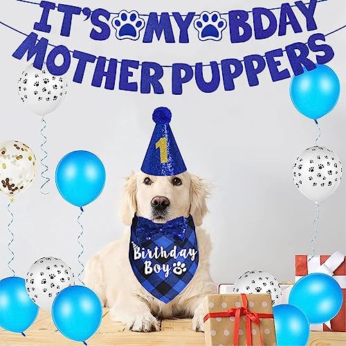 Dog Birthday Party Supplies, Multi Sizes Dog Birthday Bandana Boy Dog Birthday Hat Bow Tie Numbers It’s My Bday Mother Puppers Sign Banner for Large Extra Large Dogs Pets (X-Large, Blue)