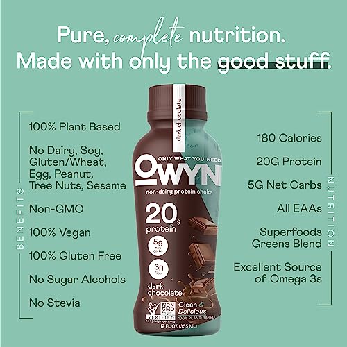 OWYN Only What You Need Vegan Protein Shake, 20g Plant Based Protein from Organic Pumpkin seed, Organic Flax oil, Pea, Prebiotics, Gluten and Soy Free (Dark Chocolate, 24 Pack)