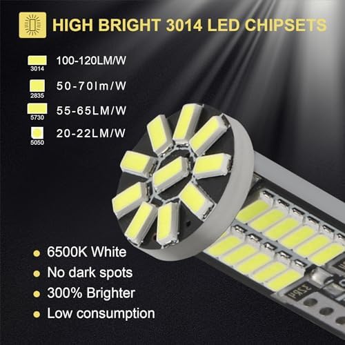 10 Pieces 194 LED Bulb Super Bright 6500K T10 168 2825 W5W 34-SMD 3014 Chipsets Replacement Bulbs for Car Trunk Interior Dome Map Door Dash Courtesy License Plate Lights - Xenon White