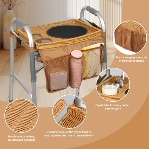 Walker Tray for Folding Walker, Handmade Rattan Trays for Walkers for Seniors Detachable with Cup Holder,Walker Trays for Rolling Folding Walker,Walker Accessories for Elderly