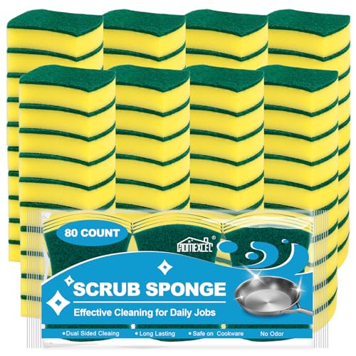 HOMEXCEL Scrub Sponges Kitchen 80 Count, Heavy Duty Dish Sponge for Cleaning, Dual Sided Powerful Scrubbing Sponge for Washing Dishes, Pots, Pans and Surfaces
