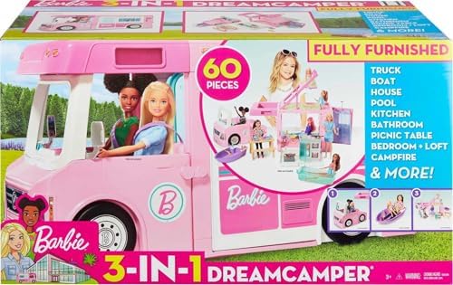 Barbie Camper Playset, 3-in-1 DreamCamper with Pool & 50 Accessories, Transforms into Doll-Sized Truck, Boat & House (Amazon Exclusive)