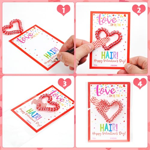 Class Valentines Day Gifts for Kids Girls with 24 Pack Heart Hair Ties Hair Bands with Girls Valentines Cards School Valentines Hair Accessories for Classroom Exchange