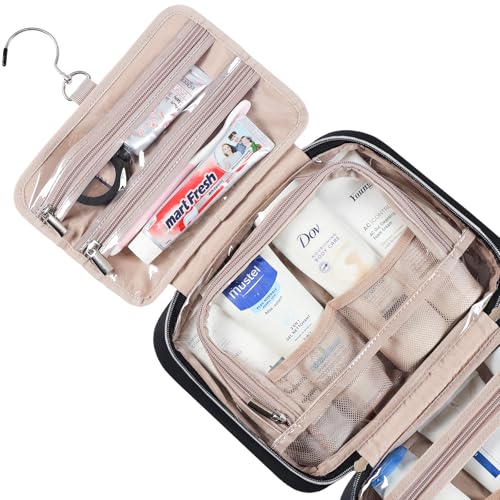 NISHEL Travel Toiletry Bag for women, Portable Hanging Organizer for Travel-Sized Shampoo, Conditioner, Brushes Set, makeup Accessories, Medium Size, Black