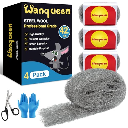 Steel Wool Mice Control 4'' * 42' Total Rodent Control Fill Fabric, Steel Wool Pads Mouse Blocker Keep Mice Away from Holes Wall Cracks Gaps(4 Rolls)