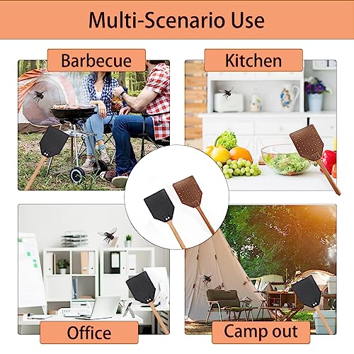 DEBETOOL 2 Pack Sturdy Leather Fly Swatter for Indoors - (19.7”)Long Handle Heavy Duty Wood Fly Swatter With Hanging Rope, Durable Fly Swatter for Outdoor Rustic Bug Swatter Flies,Mosquitoes And Bees
