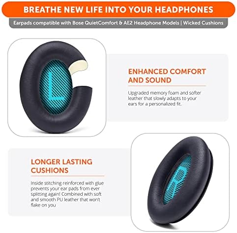 WC Wicked Cushions Premium Replacement Ear Pads for Bose Headphones - Compatible with QC15 / QC25 / QC35 & 35 ii / QC2 / AE2 / AE2i / AE2W / Soundlink - Softer Leather, Luxury Memory Foam | Black