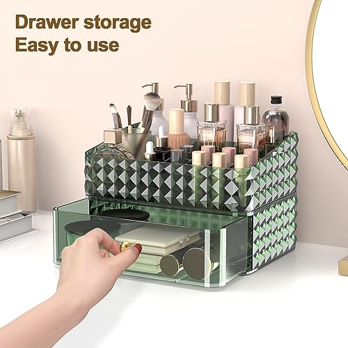 Makeup Organizer for Vanity, Stackable Cosmetics Organizer and Storage, Cosmetic Display Cases with 1 Drawers and 1 Tray for Makeup Brush, Hair Accessories, Lipstick and Jewelry, Green