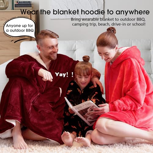 JOYWOO Wine Red Wearable Blanket Hoodie, Christmas Birthday Gifts for Mom Women Men, Oversized Hooded Blanket for Adult, Cozy Fuzzy Sherpa Sweatshirt Blanket with Giant Pocket and Zipper