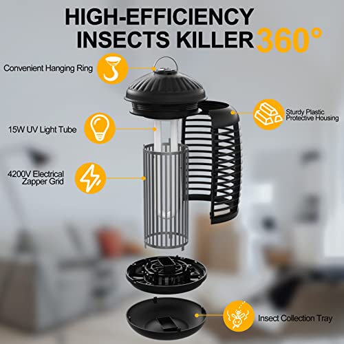 Bug Zapper with Light Sensor, Mosquito Zapper Outdoor 4200V Electric Insect Killer, Waterproof Mosquito Killer, Fly Zapper, Fly Trap for Home Backyard Garden Patio, Mosquito Repellent Outdoor