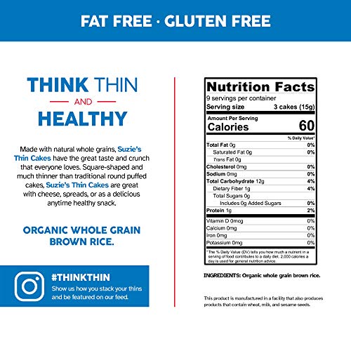 Suzie's Organic Brown Rice Cake Thins|6 Pack|Unsalted Sodium Free|USDA Organic, NON-GMO, Fat-Free, Sugar-Free, Gluten-Free|Low-Calorie Snack-17 Calories Per Slice|Bread & Cracker Replacement