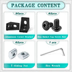 30 Set Black 2020 Series Aluminum Extrusion Profile Connector, Includes 1pc Wrench, 30pcs 2028 Corner Bracket, 60pcs T-Slot Sliding Nuts and M5 Hex Screw Bolt for 20S Aluminum Rail Accessories