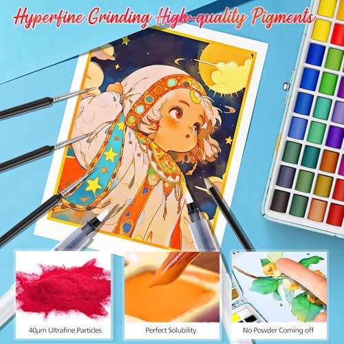 50 Colors Washable Watercolor Paint Set with 6 Brushes, Portable Travel Water Color Kit with Carrying Case, Palette and Accessories, Non-Toxic Art Supplies Gift for Artists Adult Teen Kids Girls Boys