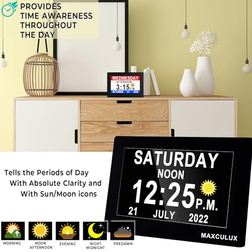 MAXCULUX 【Upgraded】 Digtal Clock with Day and Date for Seniors, Auto DST, 19 Alarms & Auto Dimmable, Non-Abbreviated Extra Large Clock for Elderly Dementia Alzheimers