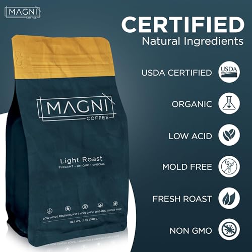 Magni Coffee - Whole Beans - Light Roast - Low Acid - Single Origin USDA Organic Non-GMO Beans Third Party Tested For Mycotoxins & Pesticides - Fair Trade -12 Oz