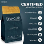 Magni Coffee - Whole Beans - Light Roast - Low Acid - Single Origin USDA Organic Non-GMO Beans Third Party Tested For Mycotoxins & Pesticides - Fair Trade -12 Oz