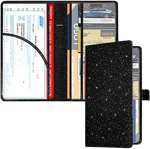 RSAquar unisex Car Registration and Insurance Holder, Vehicle Glove Box Organizer Cool Car Accessories, Car Document Holder for Cards, Driver License and Essential Document, Black Glitter