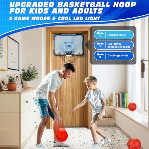 Basketball Hoop Indoor, Basketball Mini Hoop Pro Basketball Hoop Over The Door with Cool LED Lights, Boys Gifts Basketball Toys Gifts Room Accessories for Teen Boys 8-12