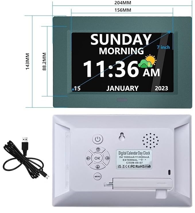 LXBYJKJ 7 Inch Digital Clock with Day and Date for Elderly Alzheimer's Dementia Clock Customizable Alarms and Medicine Reminders 3 Display Modes Large Font Digital Alarm Clock for Seniors Green