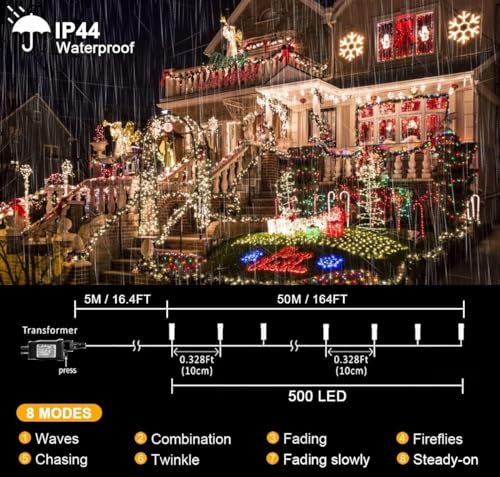 kemooie 500 LED Christmas Lights, 164FT 8 Lighting Modes Plug in Waterproof LED String Lights for Outdoor Christmas Tree Birthday Christmas Wedding Party Garden Balcony Decorations (Warm White)