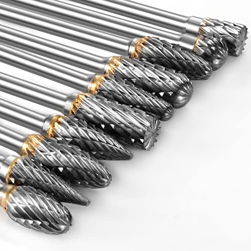 Carbide Burr Set Compatible with Dremel Rotary Tool 10Pcs Die Grinder Bits Rotary File Rasp with 1/8" Shank Tool Accessories for Attachments Cutting Burrs Metal Grinding Engraving Porting Double Cut