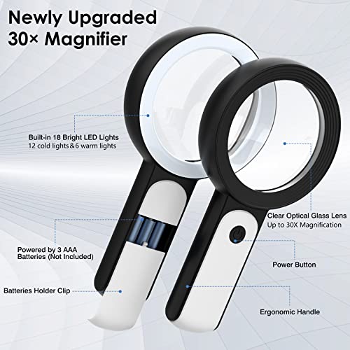 MOKO Magnifying Glass with Light, 30x Handheld Large Magnifying Glass 18LED 3 Modes Illuminated Lighted Magnifier for Elderly Kids Reading, Magazines, Coin, Jewelry, Exploring Inspection, Black