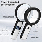 MOKO Magnifying Glass with Light, 30x Handheld Large Magnifying Glass 18LED 3 Modes Illuminated Lighted Magnifier for Elderly Kids Reading, Magazines, Coin, Jewelry, Exploring Inspection, Black