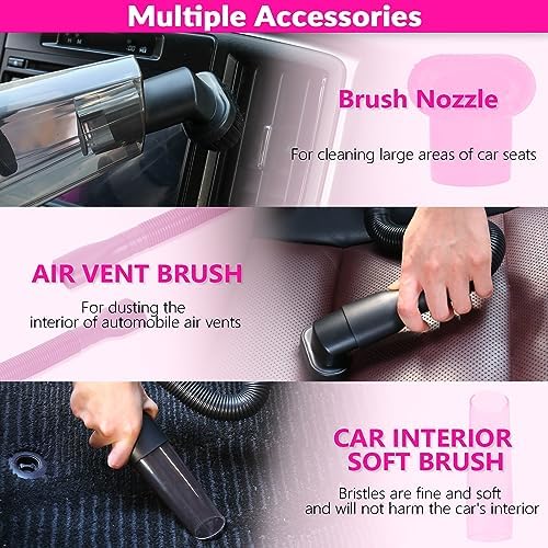 Car Vacuum Detailing Kit, Interior Car Cleaning Kit with High Power Handheld Vacuum and 7Pcs Detailing Brush Set, Well-Designed Women's Pink Car Accessories Bag