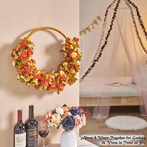 PONKING 8 Pcs 66FT Fall Garland, Artificial Rose Vine Flowers with Green Leaves, Hanging Fake Roses Vine for Room Anniversary Wedding Birthday Christmas Wall Arch Decor, Fall Champagne Flower