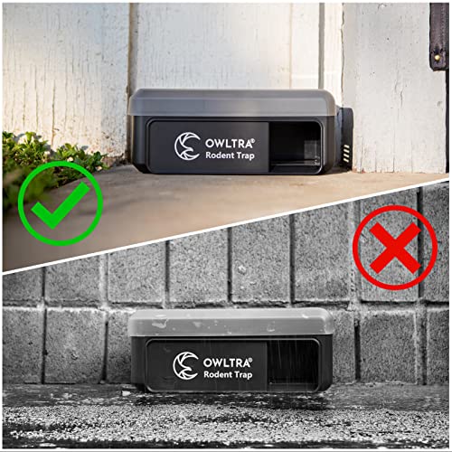 OWLTRA OW-7 in-/Outdoor Electric Rodent Trap, Instant Kill Mouse with Waterproof Cover, Sound & Light Alarm, and Batteries or USB Power Source, Waterproof Grade IPX4, Black