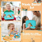 Kids Picnic Basket, Toy Food for Toddlers 1-3, Play Food Sets for Kids Kitchen Role Playset with Carry Case Fake Food Fruit Play Kitchen Accessories, Birthday for Toddler Girls Boys